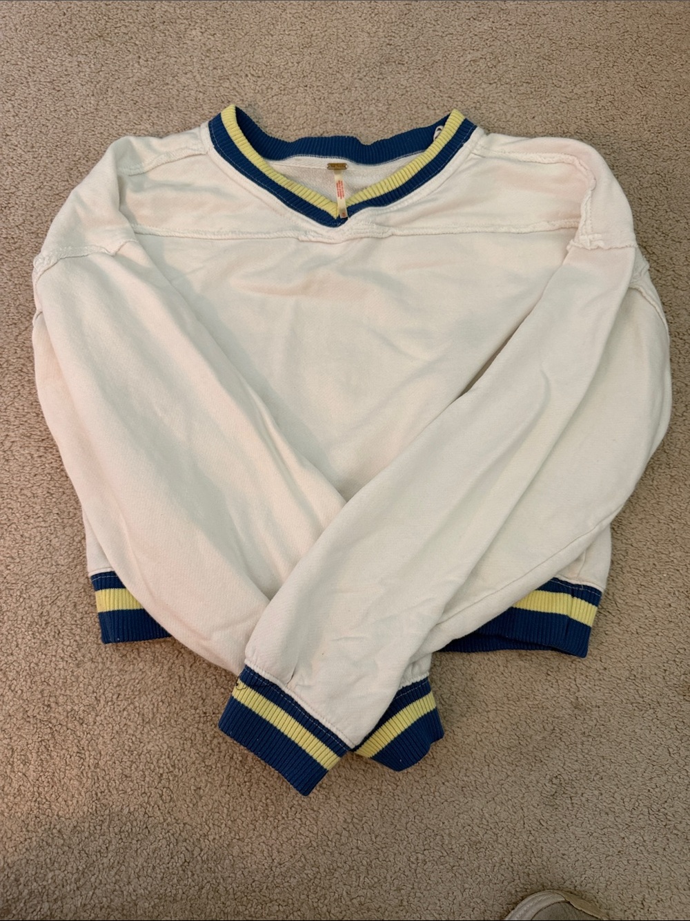 Free People Cream crop V-Neck Sweater with Blue and Yellow Trim